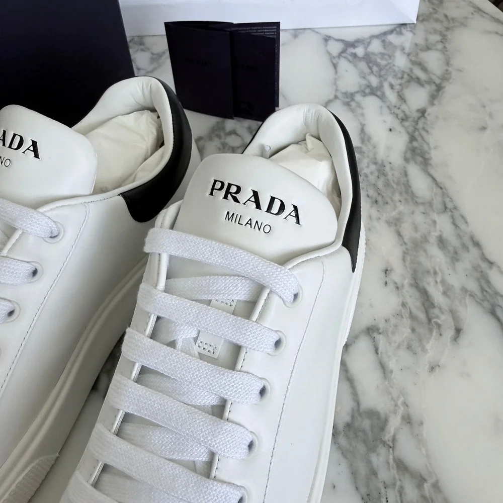 Prada Women White Leather Low Top Sneakers Black Heel Tab 1E621M Size US7